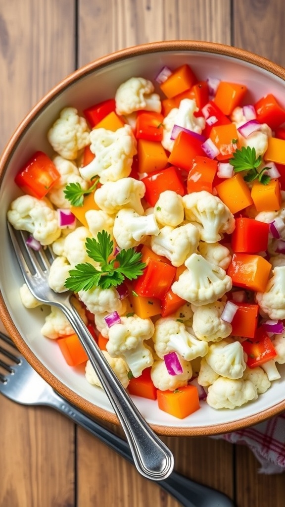 A fresh cauliflower salad with bell peppers and red onion in a bowl on a wooden table.